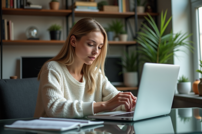 femme-bureau-lifestyle Femme en bureau moderne examinant un produit