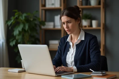 Femme concentrée travaillant sur son ordinateur dans un bureau à domicile