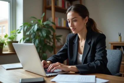 Femme en bureau à domicile regardant son ordinateur