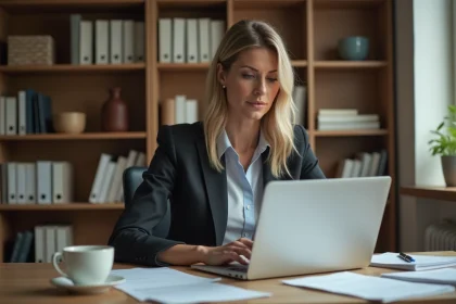 Femme en costume de bureau travaillant sur un ordinateur dans un bureau moderne