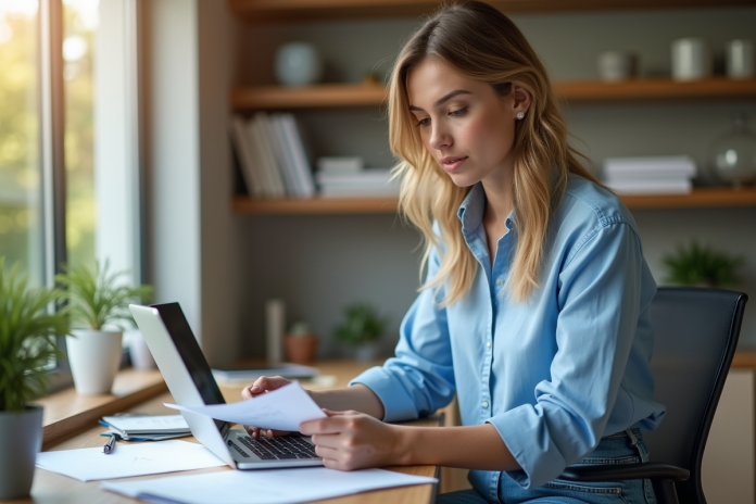 femme-bureau-ordinateur Femme confiante travaillant à son bureau à domicile