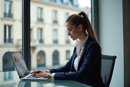 Femme en blazer navy travaillant dans un bureau parisien
