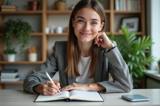 Jeune femme concentrée à écrire dans un bureau moderne