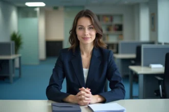Femme en costume bureau assise à son bureau professionnel