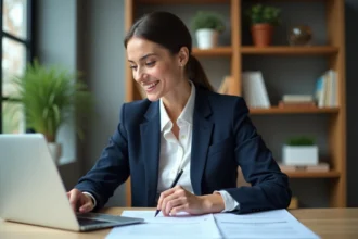 Femme confiante en bureau avec CV et ordinateur