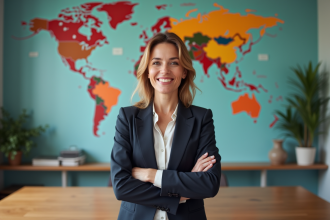 Femme confiante devant une carte du monde en bureau