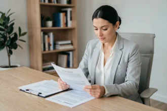 Femme en blazer gris consultant des documents administratifs URSSAF sur un bureau en bois dans un bureau à domicile