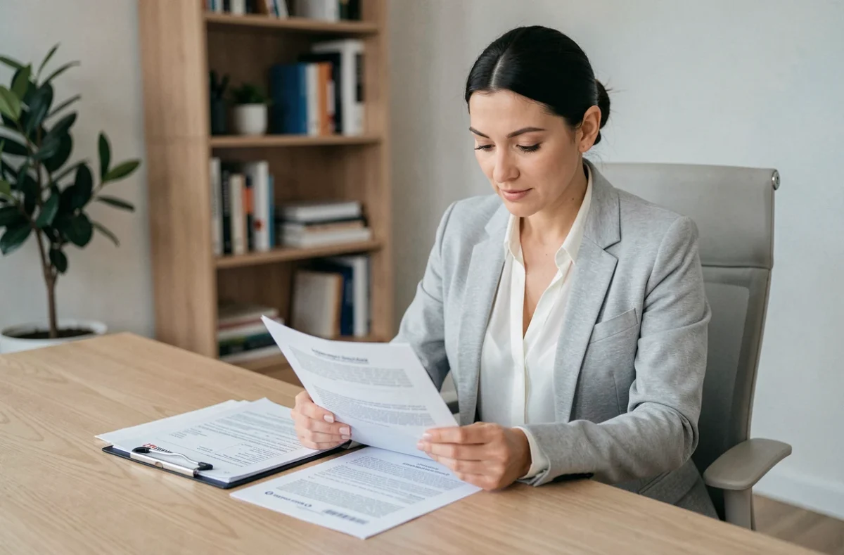 Femme en blazer gris consultant des documents administratifs URSSAF sur un bureau en bois dans un bureau à domicile