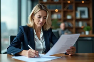 Femme professionnelle relisant un ordre du jour de réunion pour corriger des erreurs dans un bureau moderne