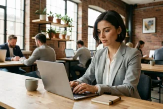 Femme travaillant dans un espace de coworking moderne à Dreux avec ordinateur portable et café