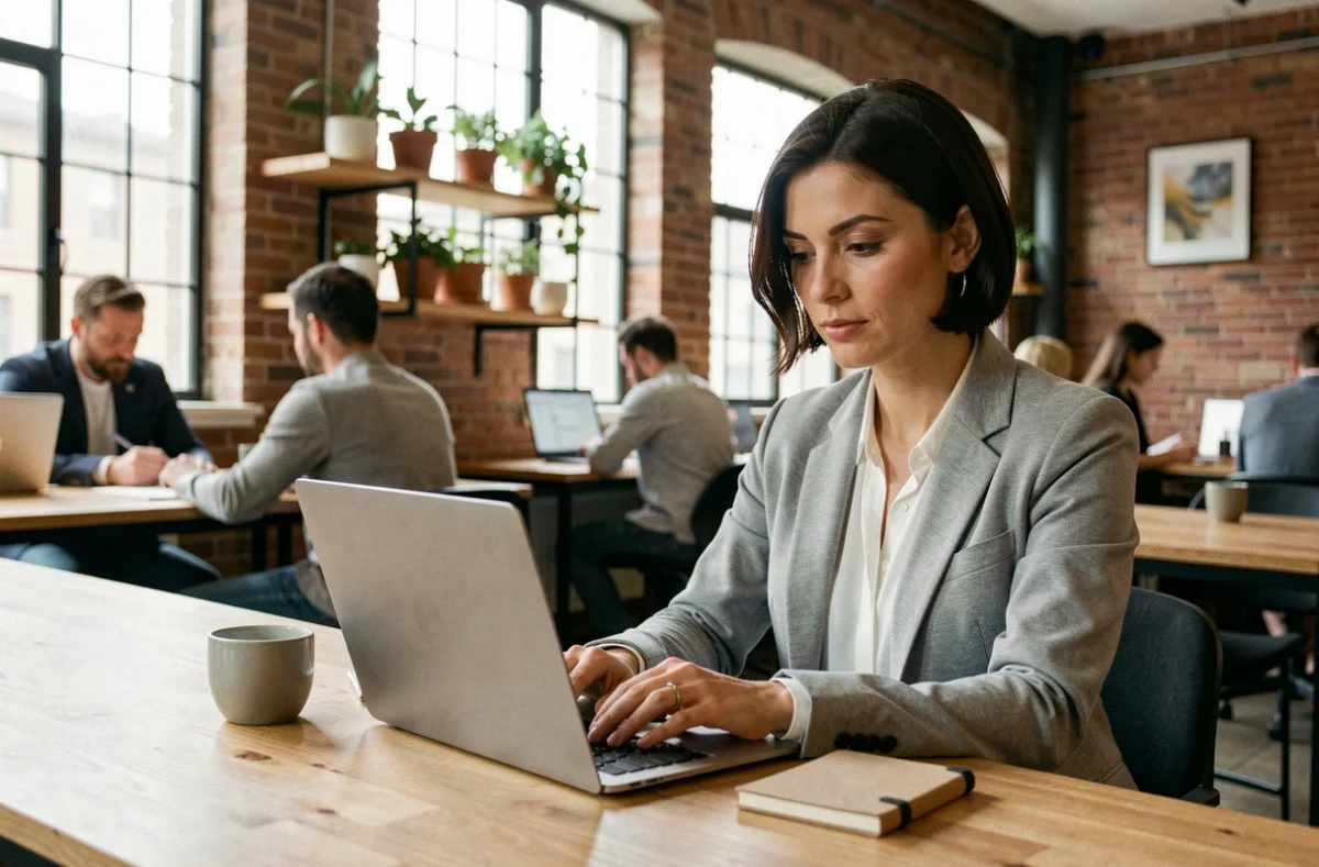 Femme travaillant dans un espace de coworking moderne à Dreux avec ordinateur portable et café