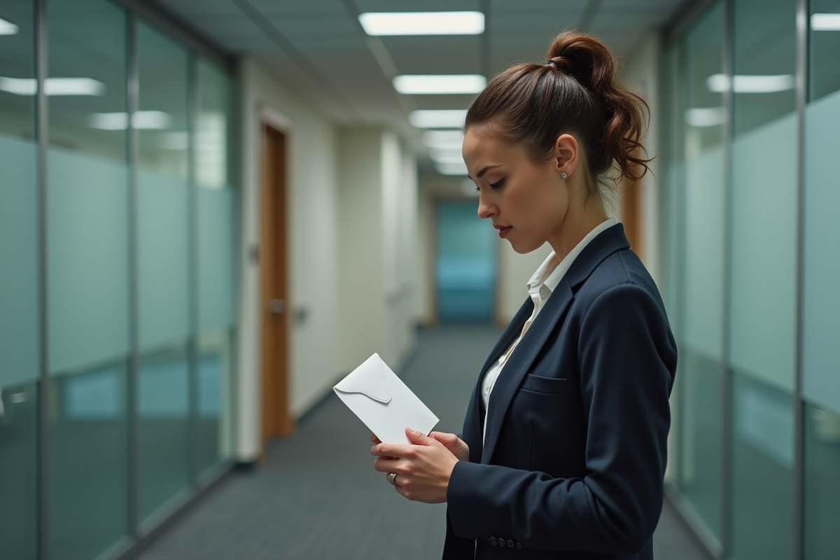 Femme tenant une lettre de demission dans le couloir
