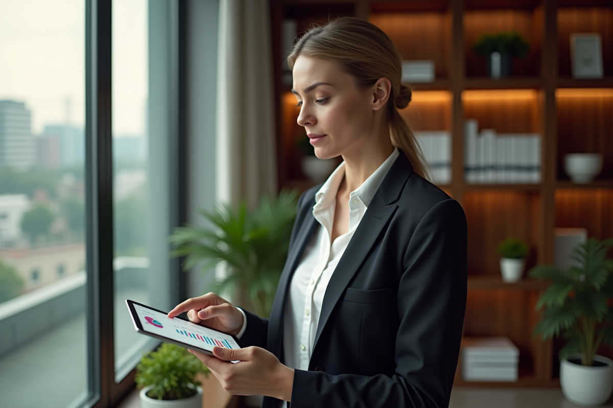Femme dirigeante analysant un graphique sur sa tablette dans son bureau