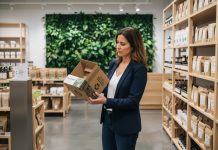 Optimiser vos campagnes en magasin grâce à des supports durables Femme en blazer examine un affichage écologique en magasin