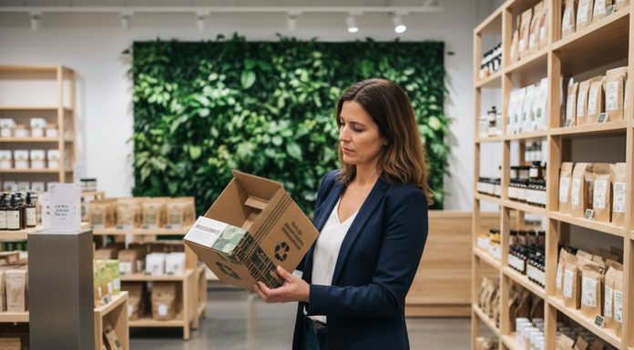 Optimiser vos campagnes en magasin grâce à des supports durables Femme en blazer examine un affichage écologique en magasin