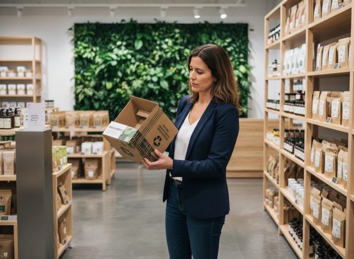 femme-ecologique-affichage-reutilisable Femme en blazer examine un affichage écologique en magasin
