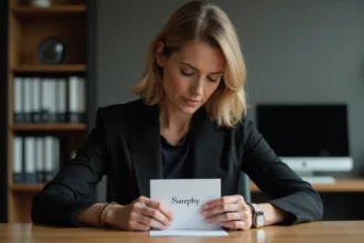 Femme en costume sombre tenant une carte de condoleances