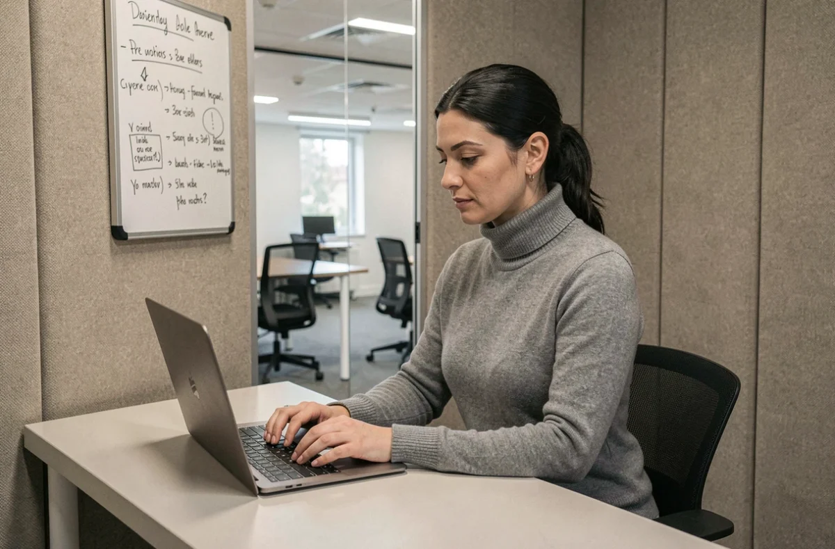 Femme entrepreneur travaillant seule dans un box privatif d'un espace de coworking à La Roche-sur-Yon