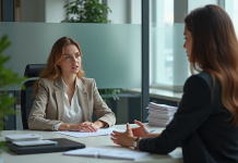 Femme en entretien avec un conseiller RH dans un bureau moderne
