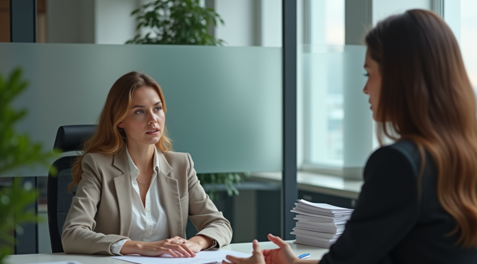 Problème au travail ? Qui consulter pour obtenir de l’aide et des solutions efficaces ! Femme en entretien avec un conseiller RH dans un bureau moderne