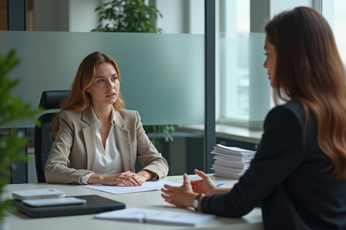 femme-entretien-rh Femme en entretien avec un conseiller RH dans un bureau moderne
