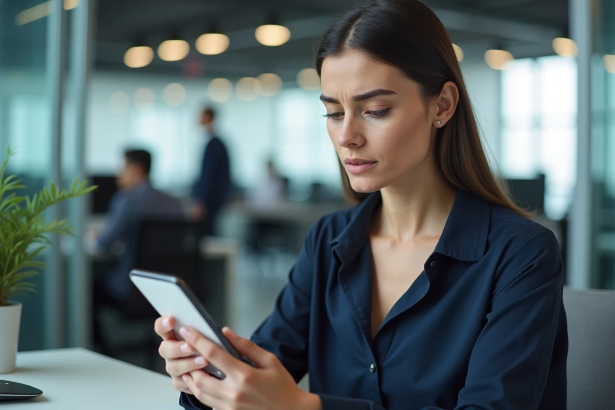 Femme en bureau vérifiant une erreur de login sur son smartphone dans un environnement professionnel