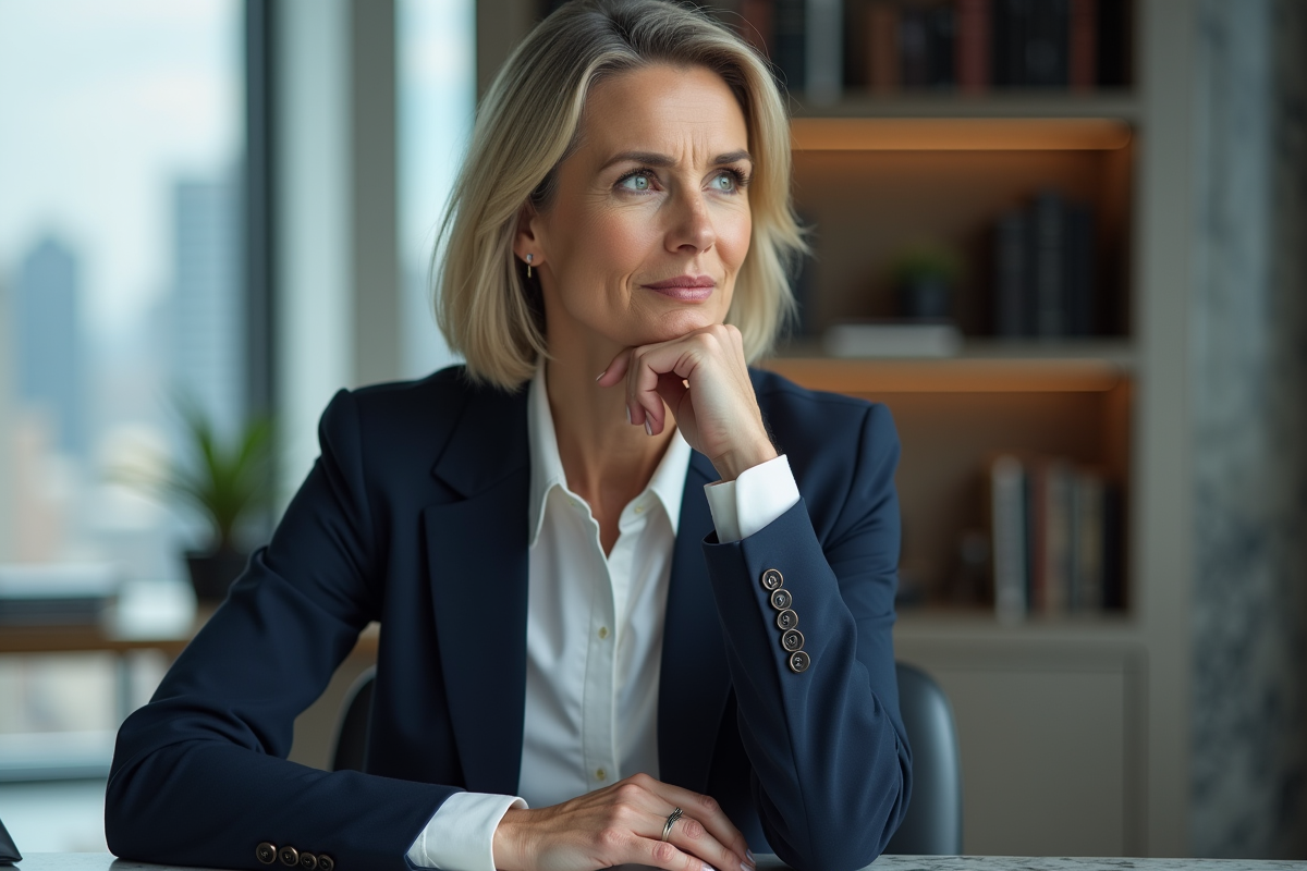 Femme cadre réfléchissant près d une fenêtre urbaine