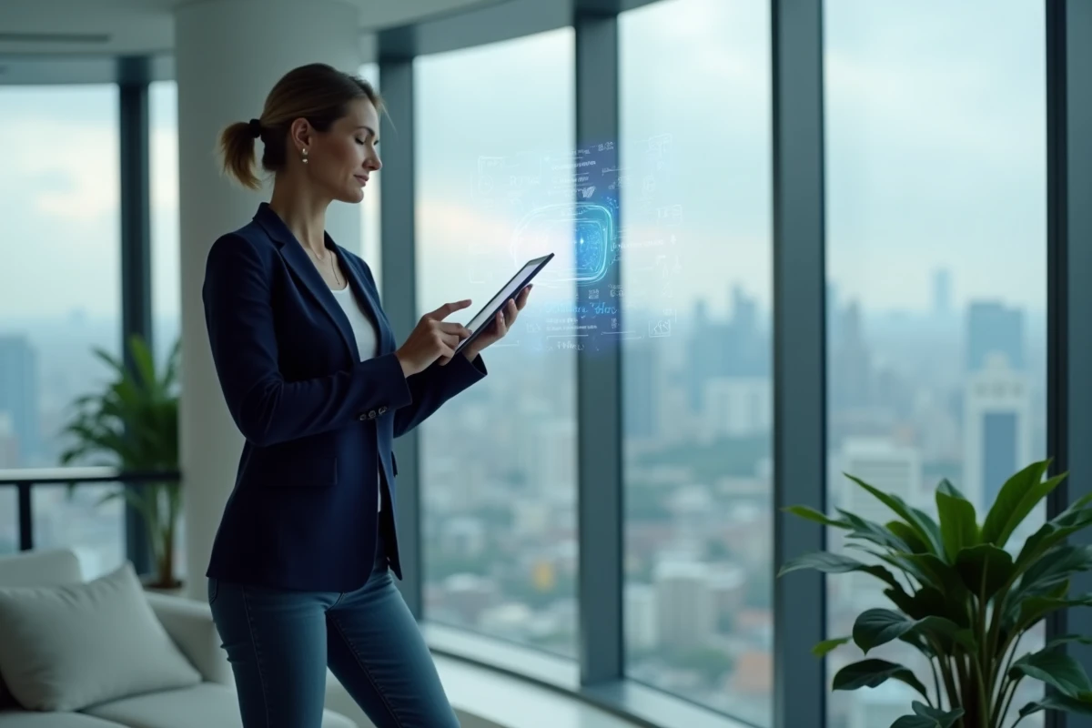 Femme daffaires regardant un hologramme dans un bureau moderne