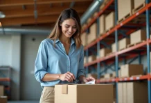 Organiser son stock efficacement grâce aux bons outils d’étiquetage Femme appliquant une étiquette sur un colis dans un entrepôt