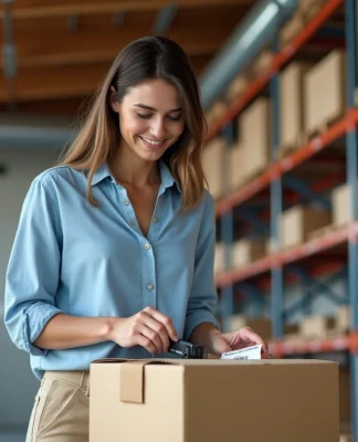 Organiser son stock efficacement grâce aux bons outils d’étiquetage Femme appliquant une étiquette sur un colis dans un entrepôt