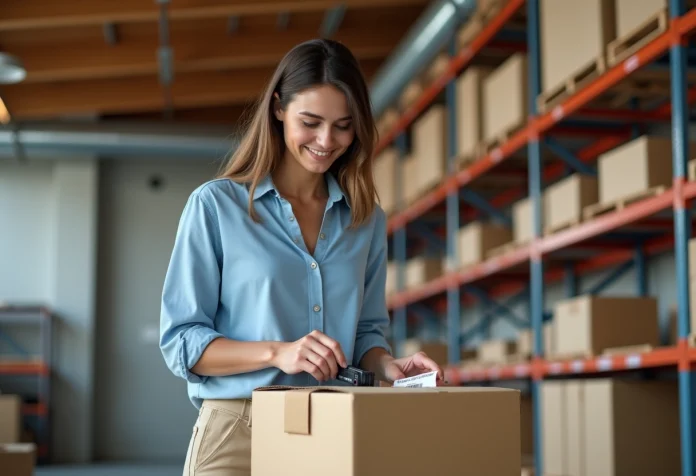 Femme appliquant une étiquette sur un colis dans un entrepôt