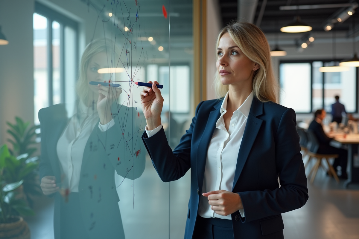 Manager féminine dessinant un diagramme sur un tableau en verre