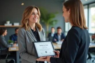 Femme française recevant une médaille du travail en entreprise
