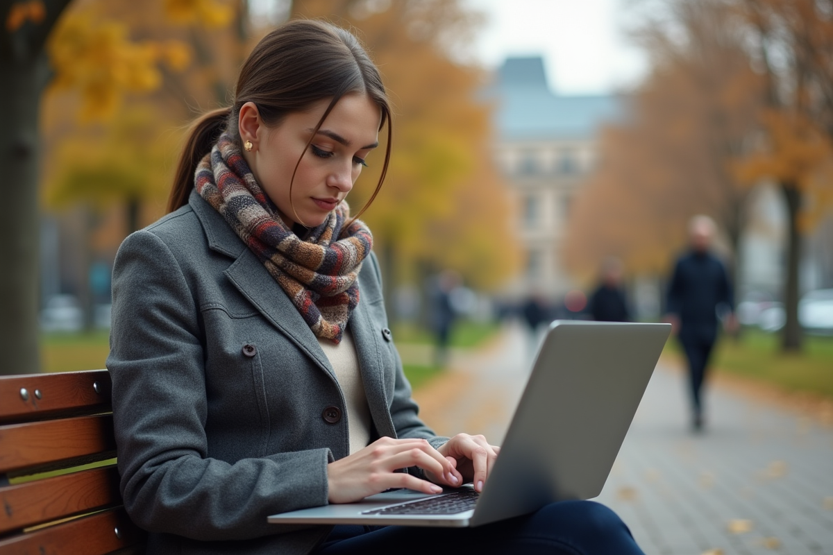 Jeune femme travaillant sur son ordinateur dans un parc urbain