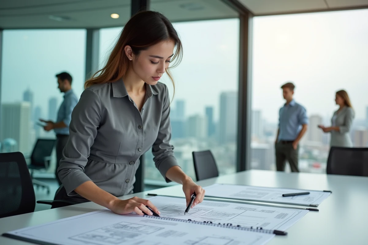 Jeune femme professionnelle organise dossiers architecturaux