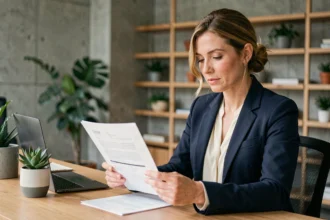 Femme professionnelle en portage salarial révisant un contrat dans un espace de coworking moderne