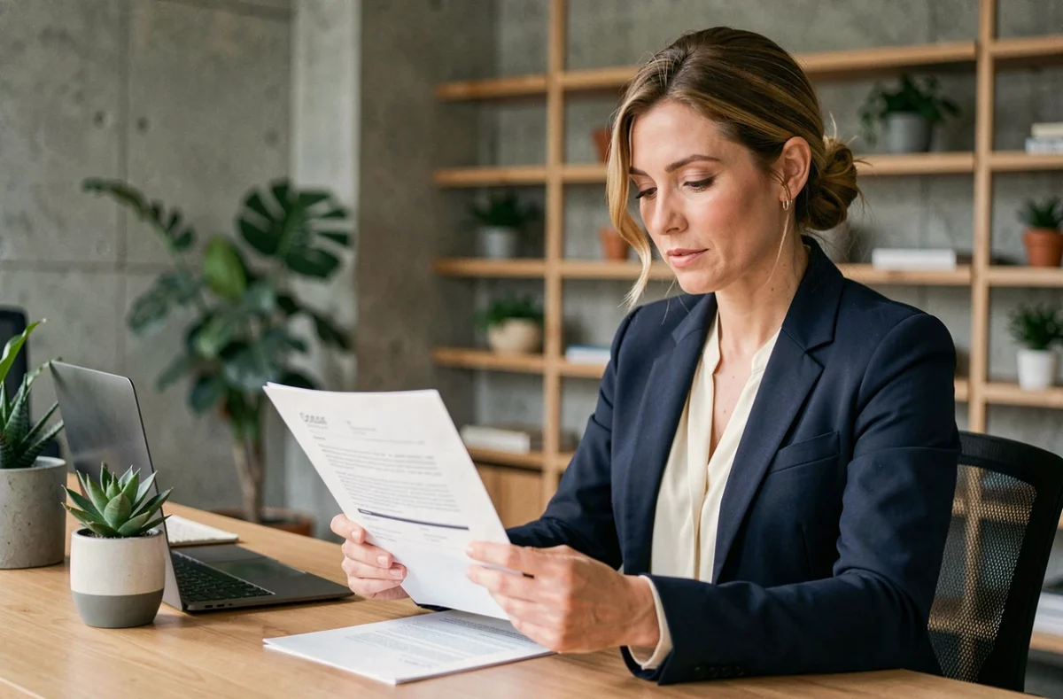 Femme professionnelle en portage salarial révisant un contrat dans un espace de coworking moderne