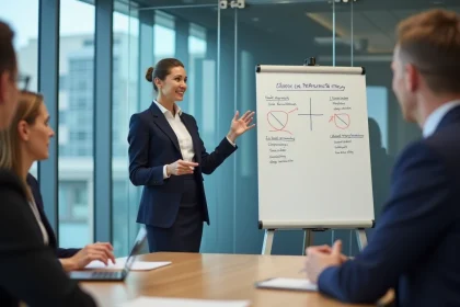 Femme en costume présentant une stratégie marketing en réunion