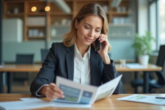 Femme d affaires au bureau consulte une brochure client