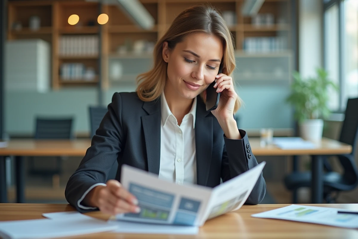 Femme d affaires au bureau consulte une brochure client