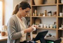 Comment bien choisir ses consommables pour terminaux de paiement et balances électroniques Jeune femme professionnelle examinant un rouleau de thermal