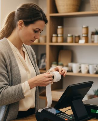 Comment bien choisir ses consommables pour terminaux de paiement et balances électroniques Jeune femme professionnelle examinant un rouleau de thermal