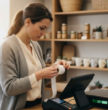 Comment bien choisir ses consommables pour terminaux de paiement et balances électroniques Jeune femme professionnelle examinant un rouleau de thermal