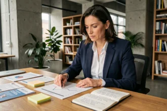 Femme professionnelle transformant un guide business en plan d'action concret sur un bureau moderne avec notes et documents