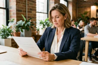 Femme professionnelle en portage salarial examinant un contrat dans un espace de co-working moderne