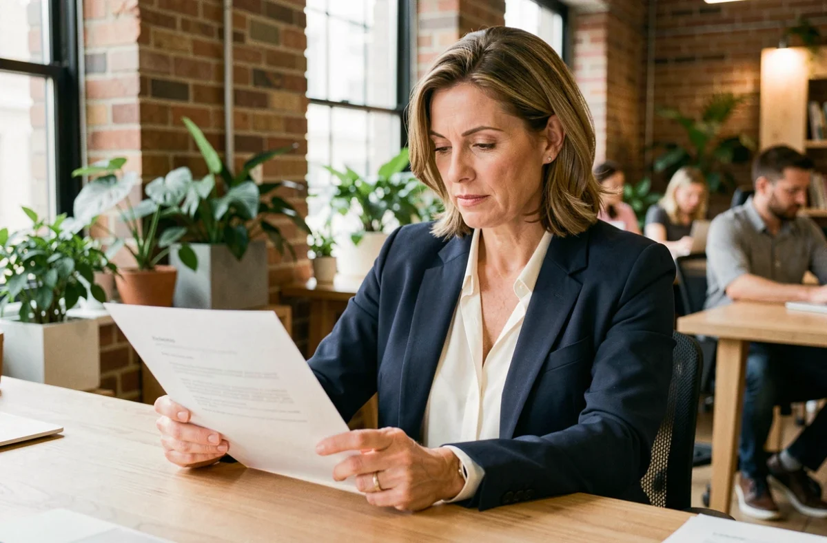 Femme professionnelle en portage salarial examinant un contrat dans un espace de co-working moderne