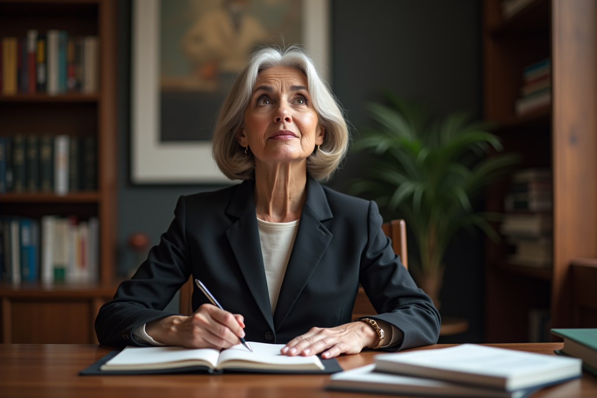 Femme d'âge moyen en tenue professionnelle en pleine réflexion