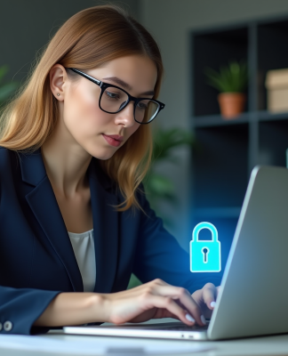 Protection des données : pourquoi c’est essentiel pour la sécurité en ligne ? Femme en costume bleu vérifiant un cadenas digital