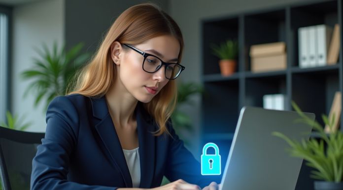 Protection des données : pourquoi c’est essentiel pour la sécurité en ligne ? Femme en costume bleu vérifiant un cadenas digital