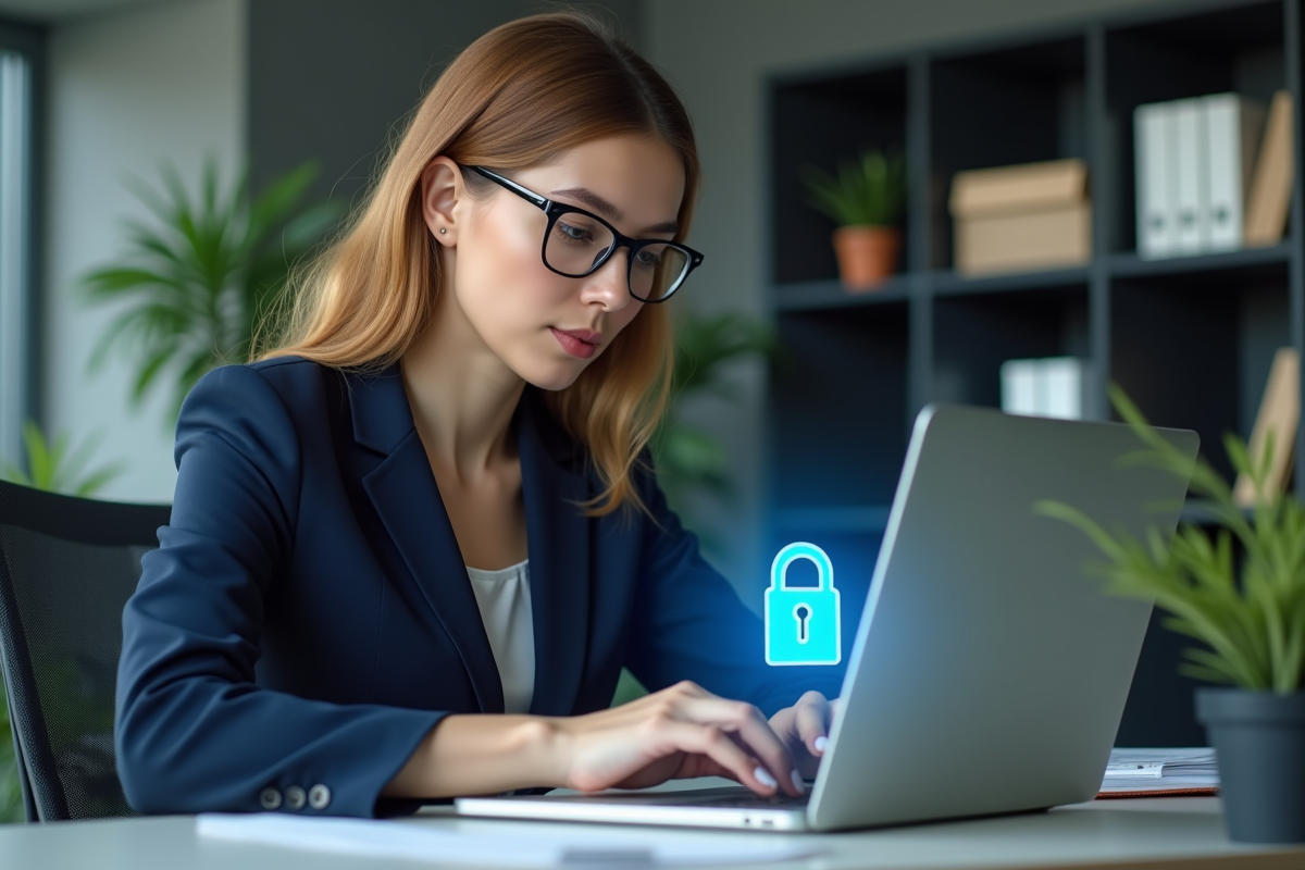 Femme en costume bleu vérifiant un cadenas digital